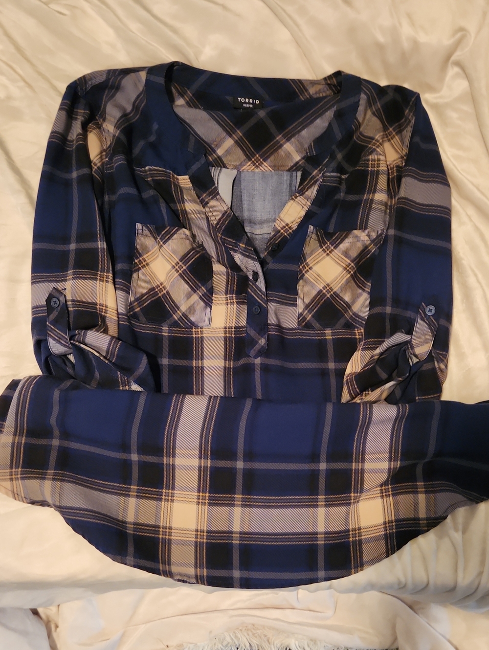 Torrid Navy and Cream Plaid Button-Front Shirt